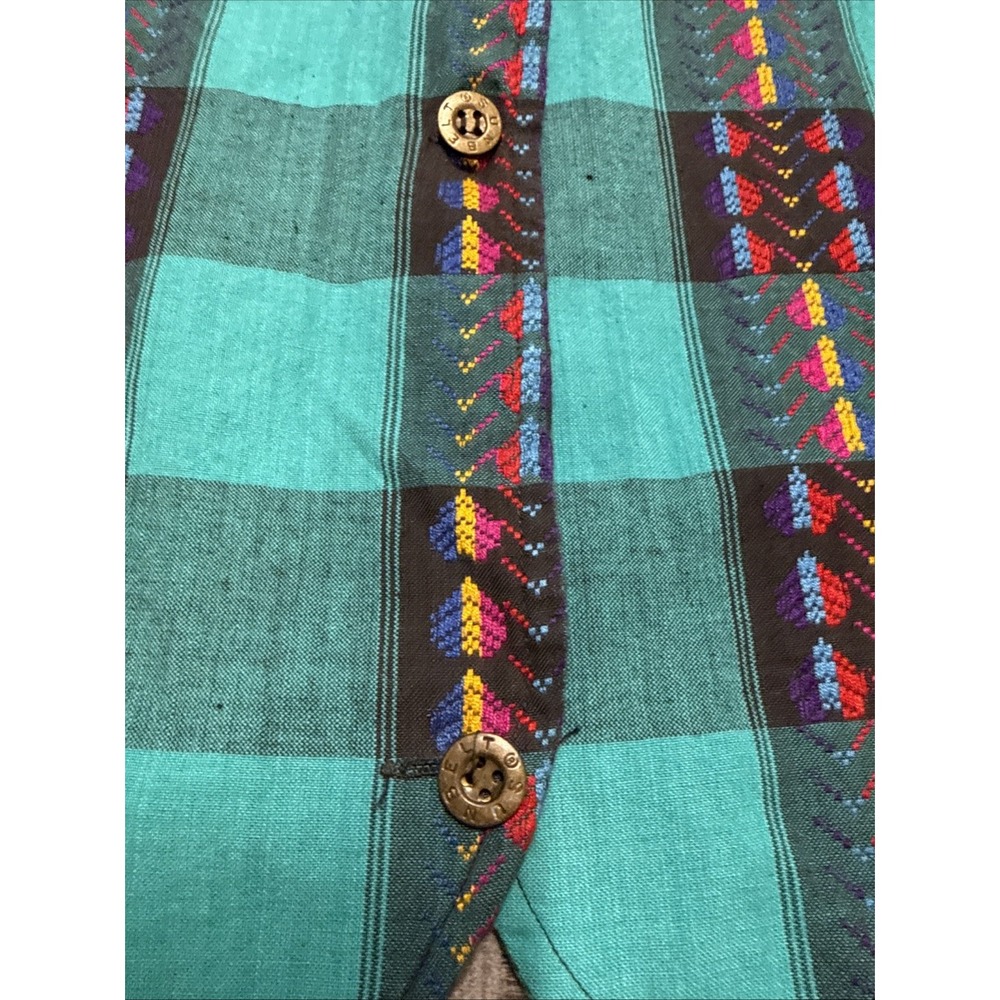 Vintage 1990s Sunbelt Green Plaid Vest Southwestern Aztec‎ Cotton Medium Shirt - Picture 2 of 8